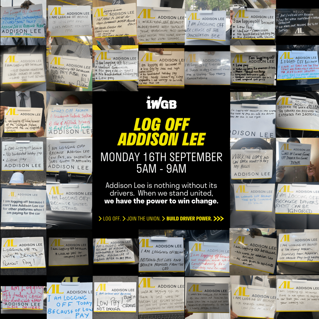 Addison Lee drivers hold up their whiteboards with the reasons they are participating in the collective log off